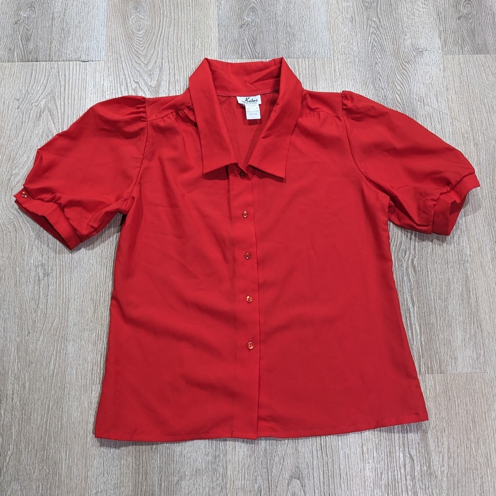 Vintage 80s Red Puff Sleeve Blouse M/L Solid Button Up Top Secretary Office